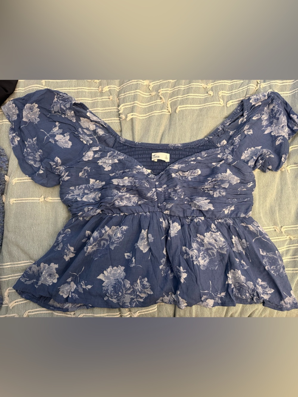 Hollister Dusty Blue and White Floral Smocked Top